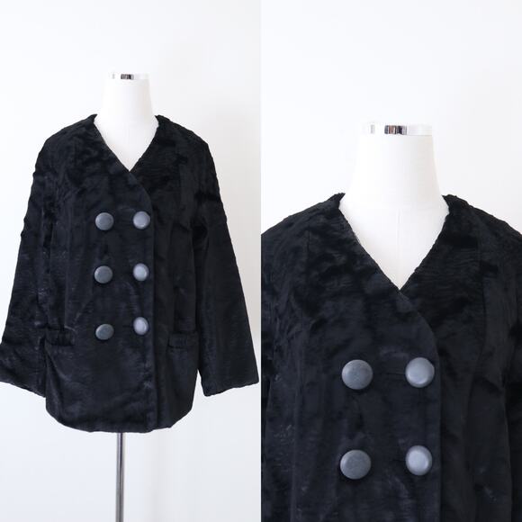 Vintage Jackets & Blazers - Vintage 1960s Styled By Winter Size L Faux Fur Teddy Coat Double Breasted Black